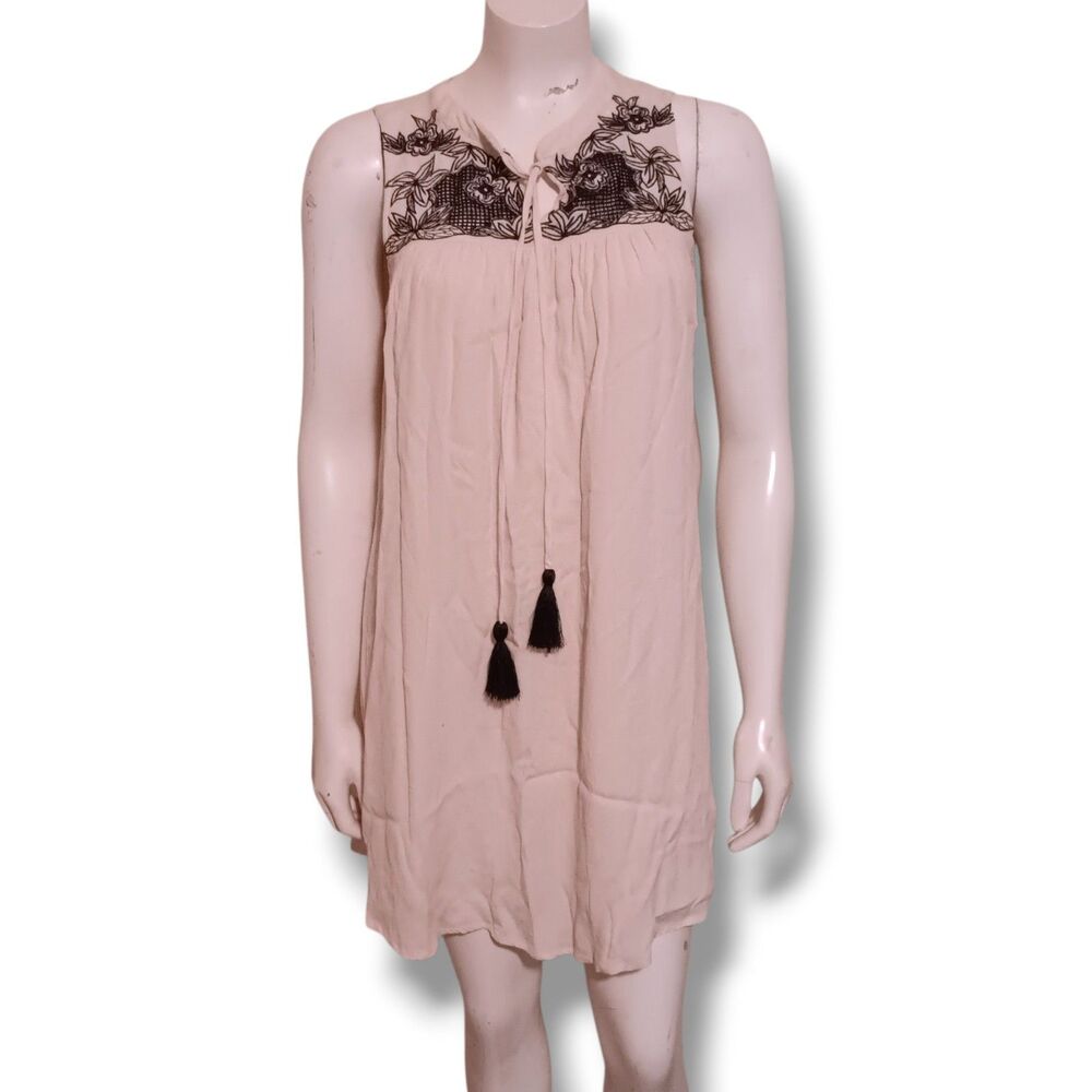 Cotton Bleu Embroidered Sleeveless Mini Dress-Small-Split Neck-Tassels-Pockets